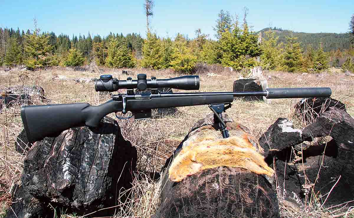 Patrick’s rifle was tested with a Trijicon’s AccuPoint 2.5-12.5x 44mm scope. The large ocular bell and the rifle’s dogleg bolt ultimately proved incompatible.